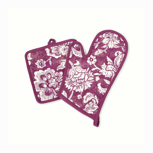 DOMINOTERIE Plum bold floral print Pot holder and Glove, kitchen accessory, 100% cotton, view options