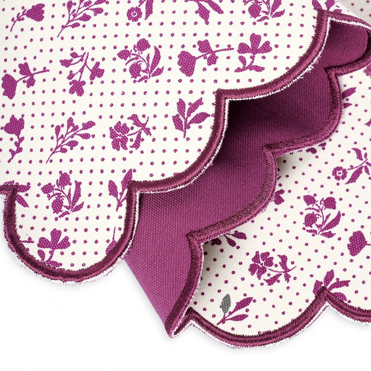 Maroon/Plum scalloped cotton Placemat with floral block print , 13X19 inches