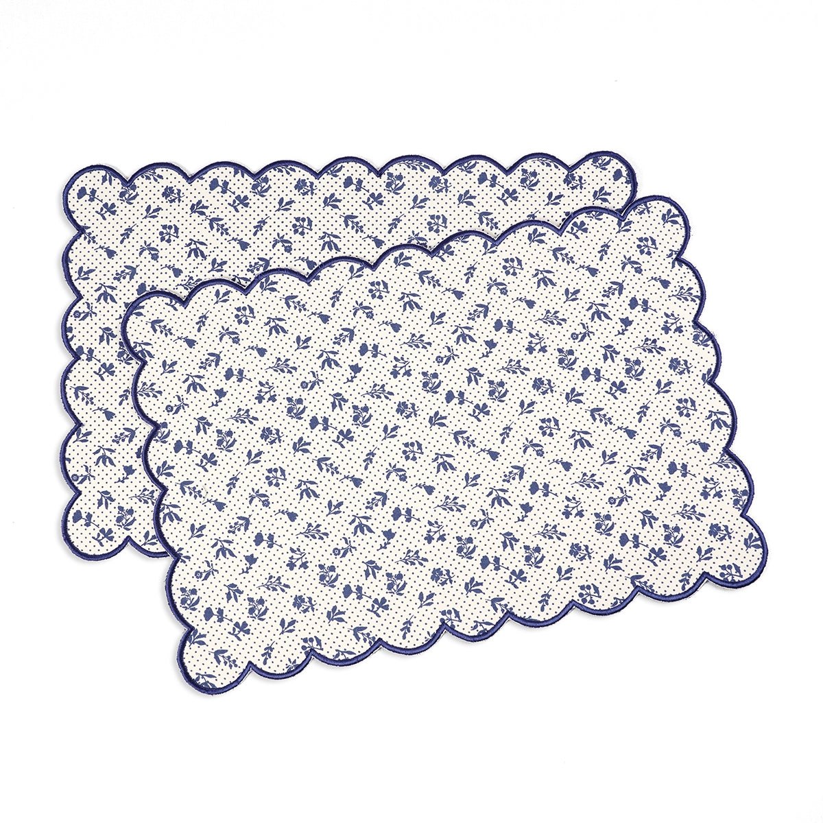 Indigo Blue scalloped cotton Placemat with floral block print , 13X19 inches