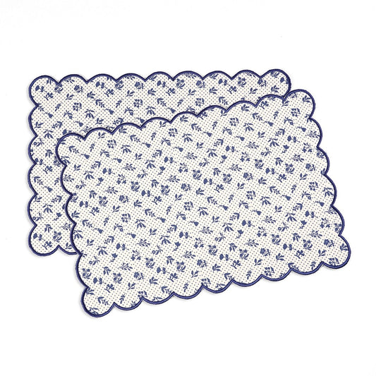 Indigo Blue scalloped cotton Placemat with floral block print , 13X19 inches