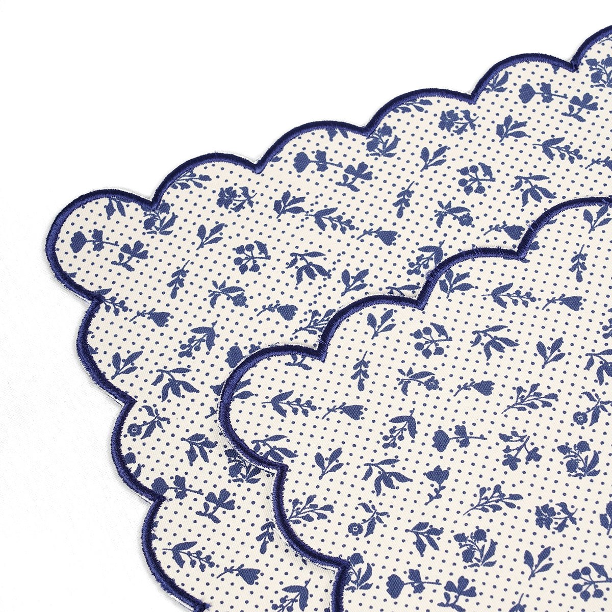 Indigo Blue scalloped cotton Placemat with floral block print , 13X19 inches