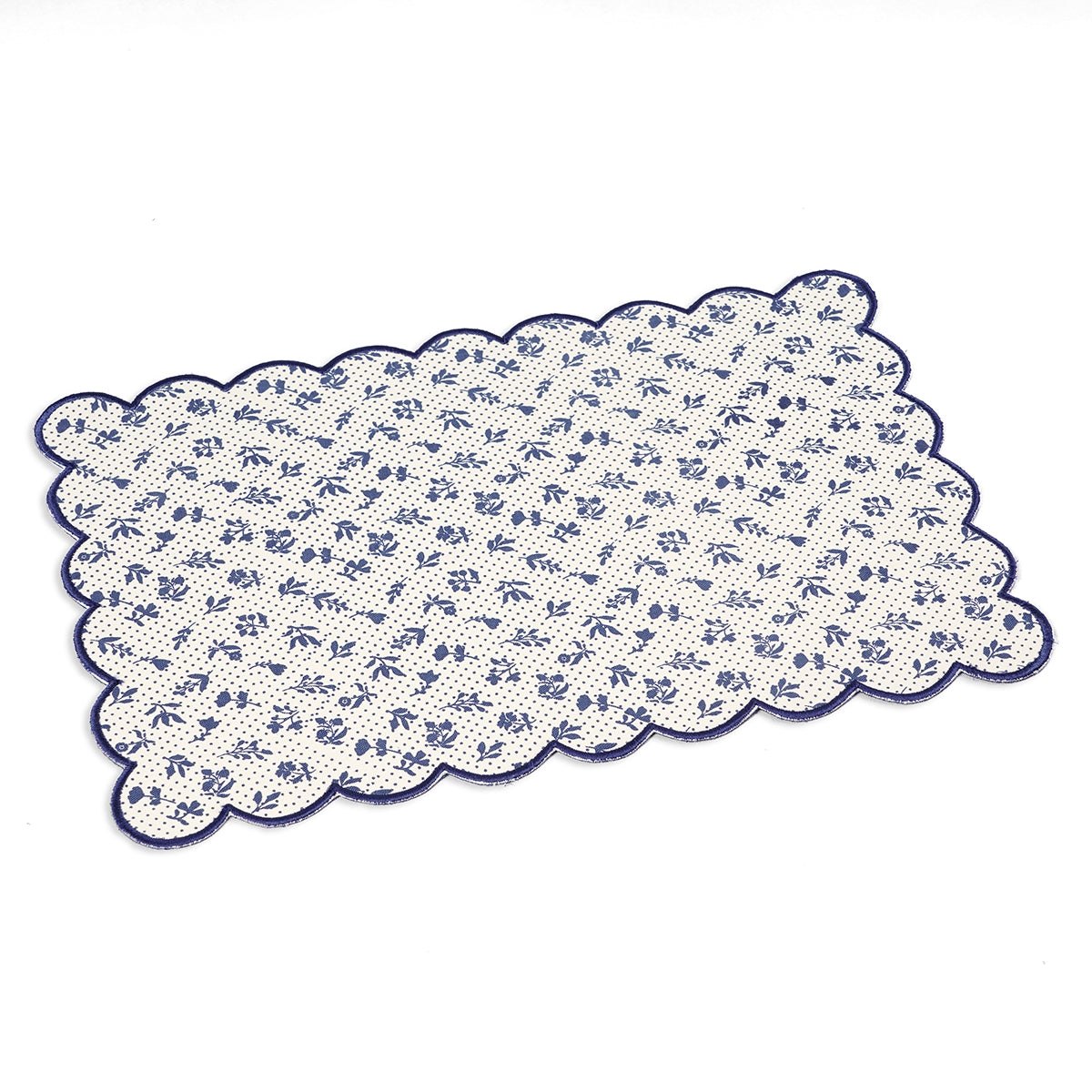 Indigo Blue scalloped cotton Placemat with floral block print , 13X19 inches