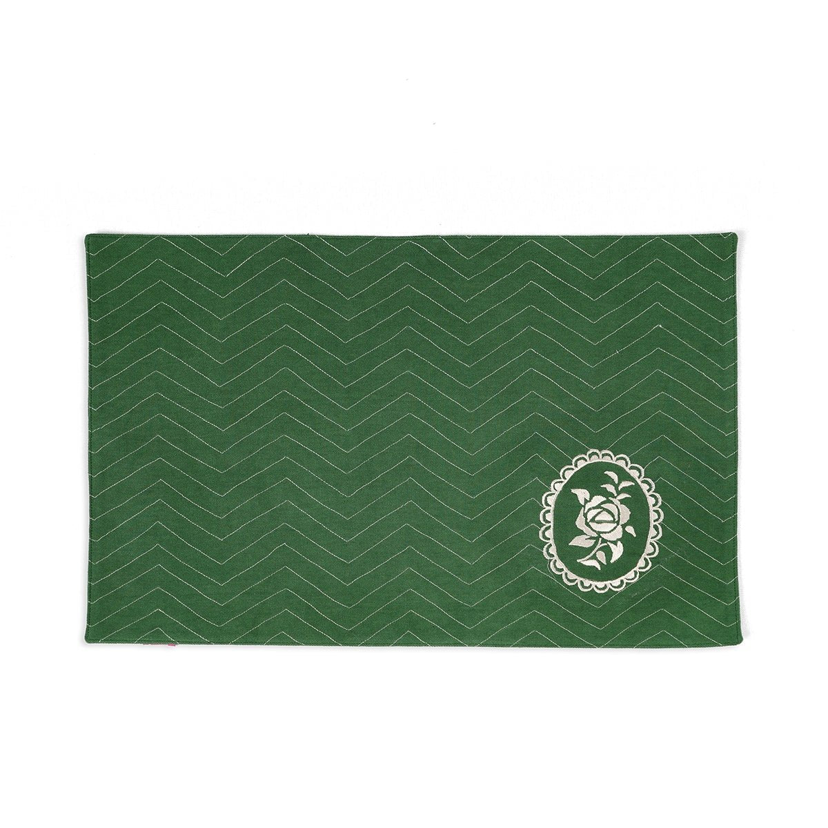 Green cotton Placemat with chevron and vintage rose motif embroidery, 13X19 inches