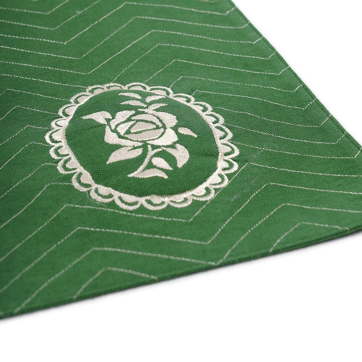 Green cotton Placemat with chevron and vintage rose motif embroidery, 13X19 inches
