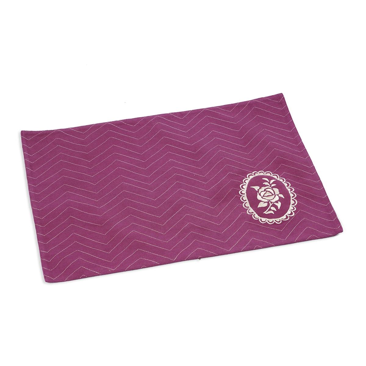 Maroon/Plum cotton Placemat with chevron and vintage rose motif embroidery, 13X19 inches