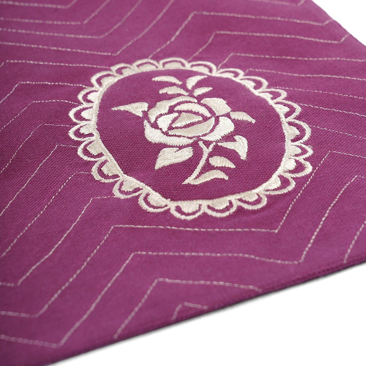 Maroon/Plum cotton Placemat with chevron and vintage rose motif embroidery, 13X19 inches