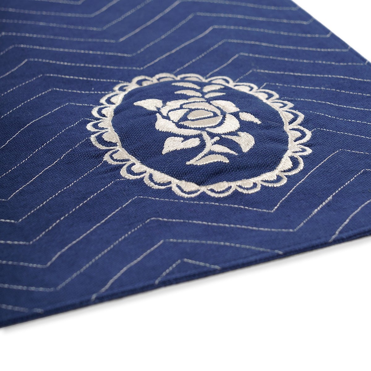 Indigo Blue cotton Placemat with chevron and vintage rose motif embroidery, 13X19 inches