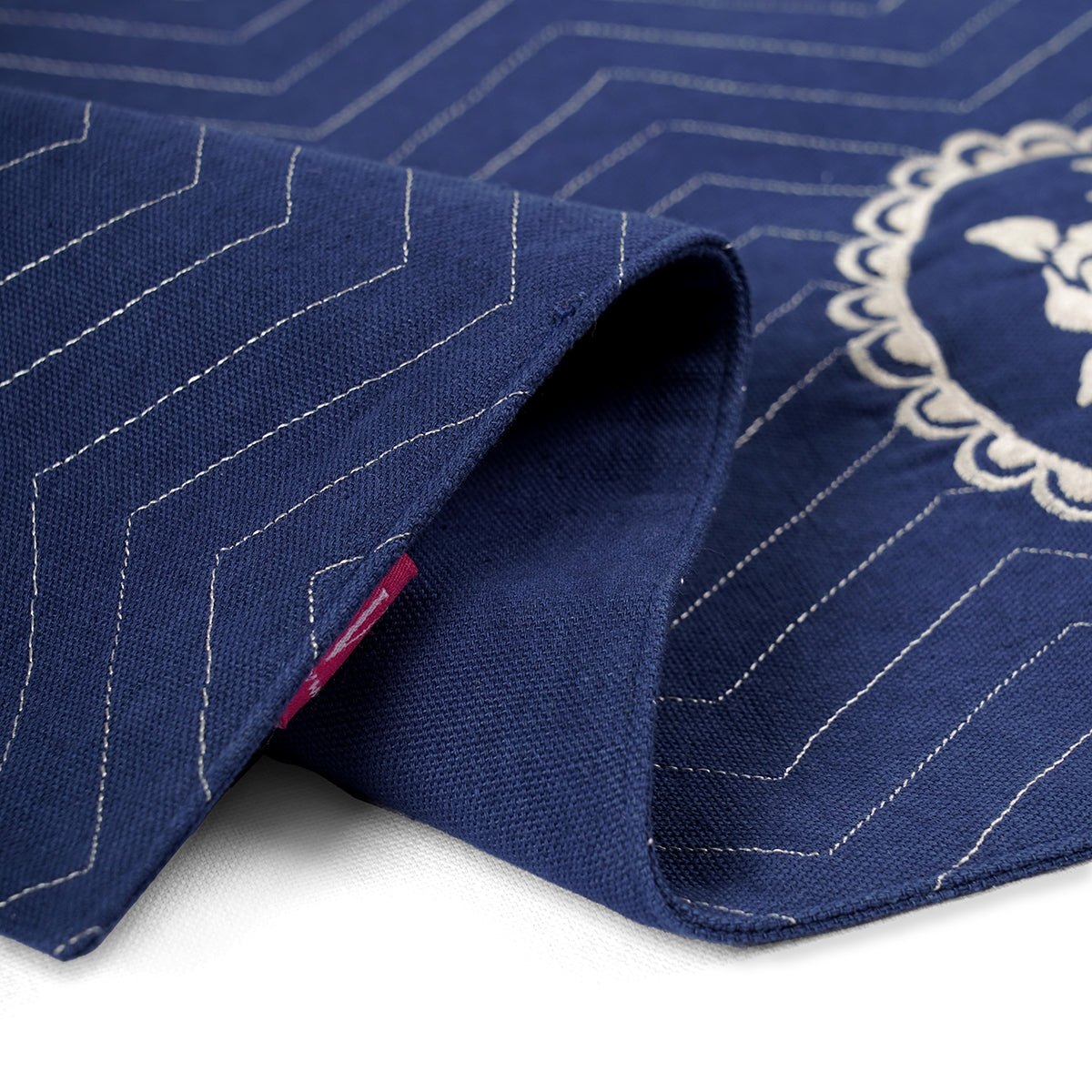 Indigo Blue cotton Placemat with chevron and vintage rose motif embroidery, 13X19 inches