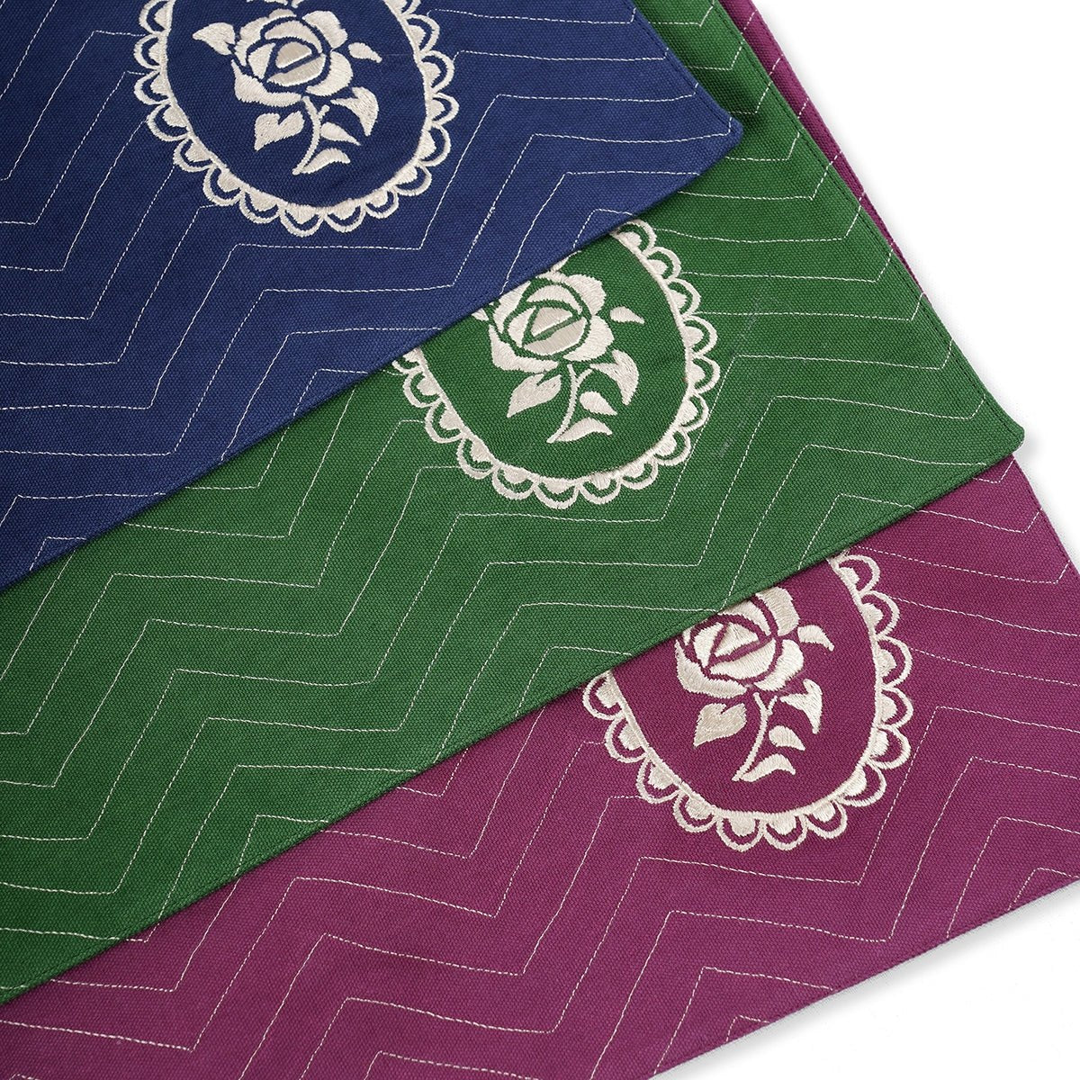 Maroon/Plum cotton Placemat with chevron and vintage rose motif embroidery, 13X19 inches