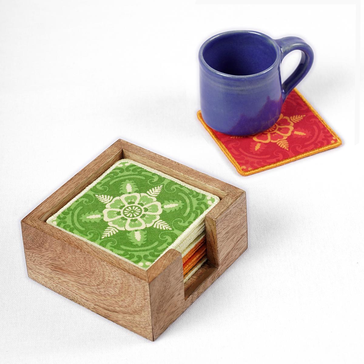 Pack of 8 cotton printed reversible coasters with wooden coaster box