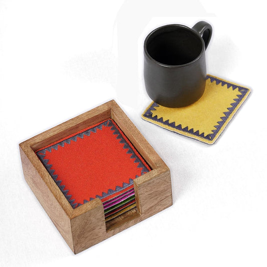 Pack of 8 Felt embroidered reversible coasters with wooden coaster box