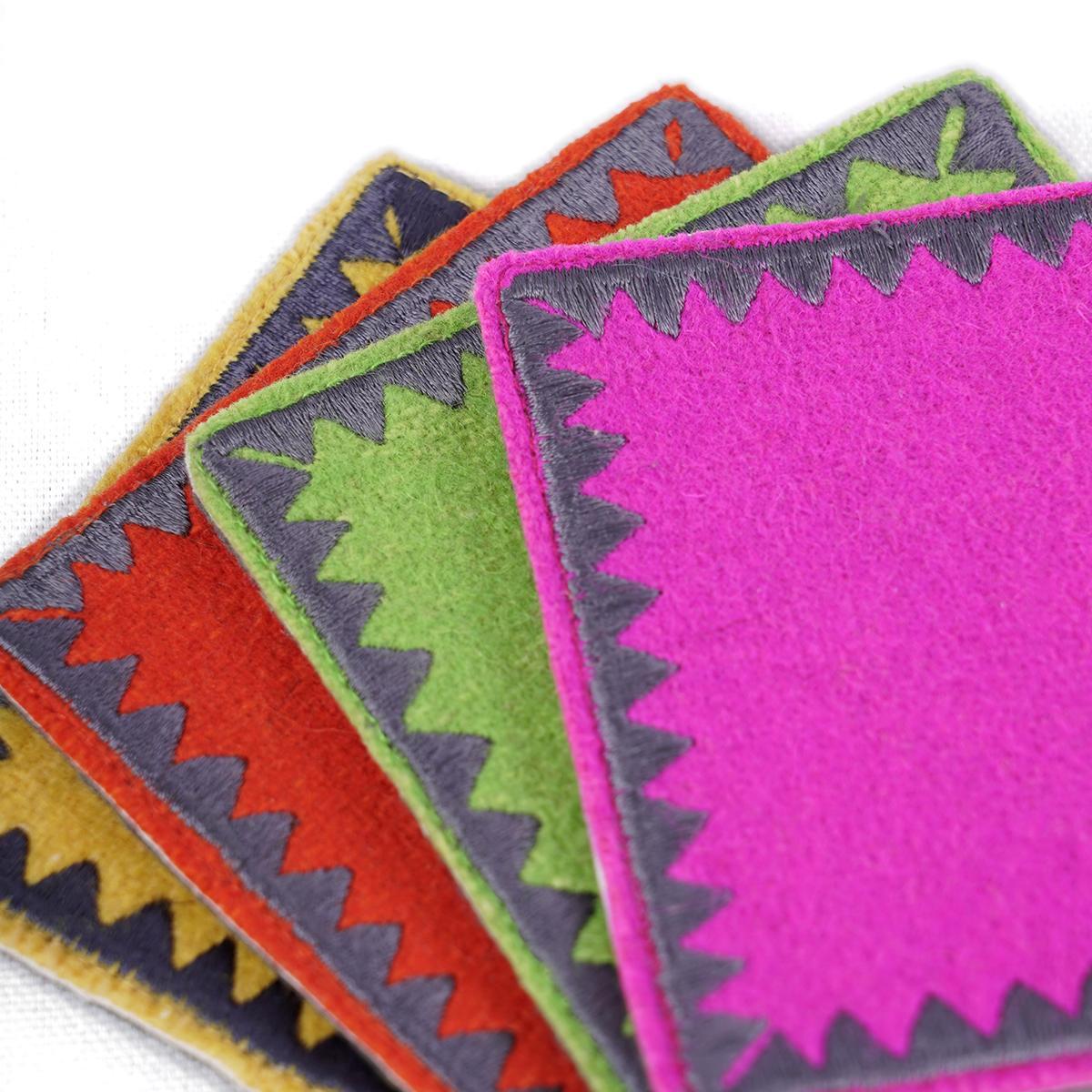 Pack of 8 Felt embroidered reversible coasters with wooden coaster box