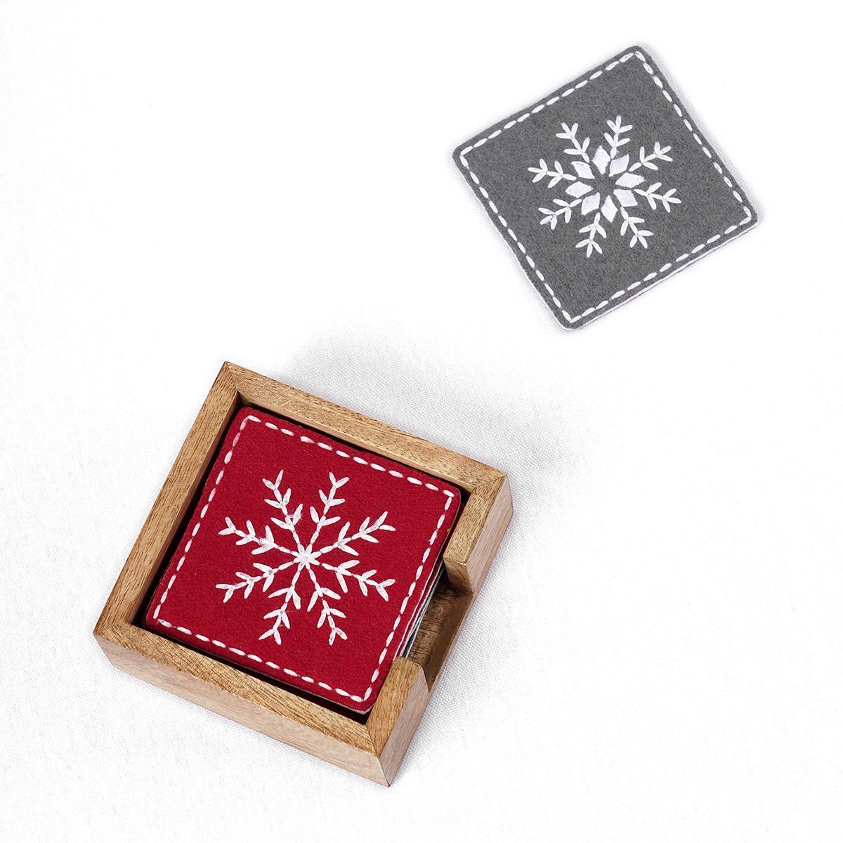 CHRISTMAS COASTER SET - Pack of 8 Felt embroidered coasters with wooden coaster box