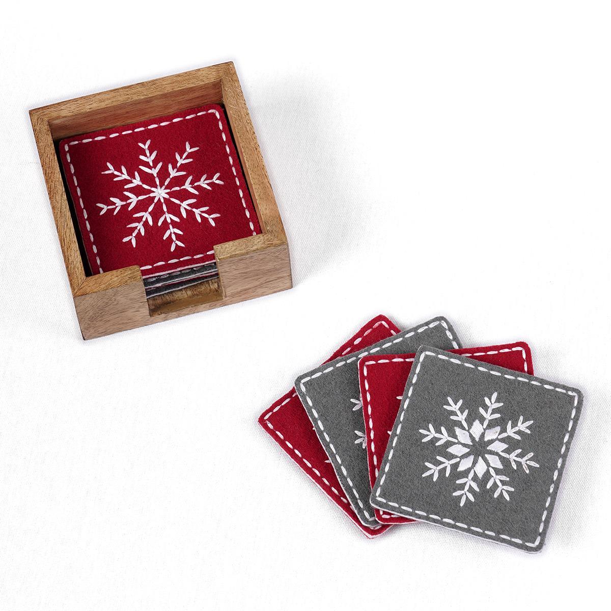 CHRISTMAS COASTER SET - Pack of 8 Felt embroidered coasters with wooden coaster box