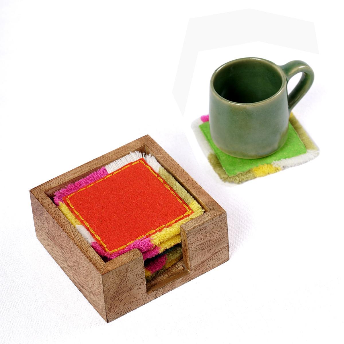 Pack of 6 Felt fringed boho reversible coasters with wooden coaster box