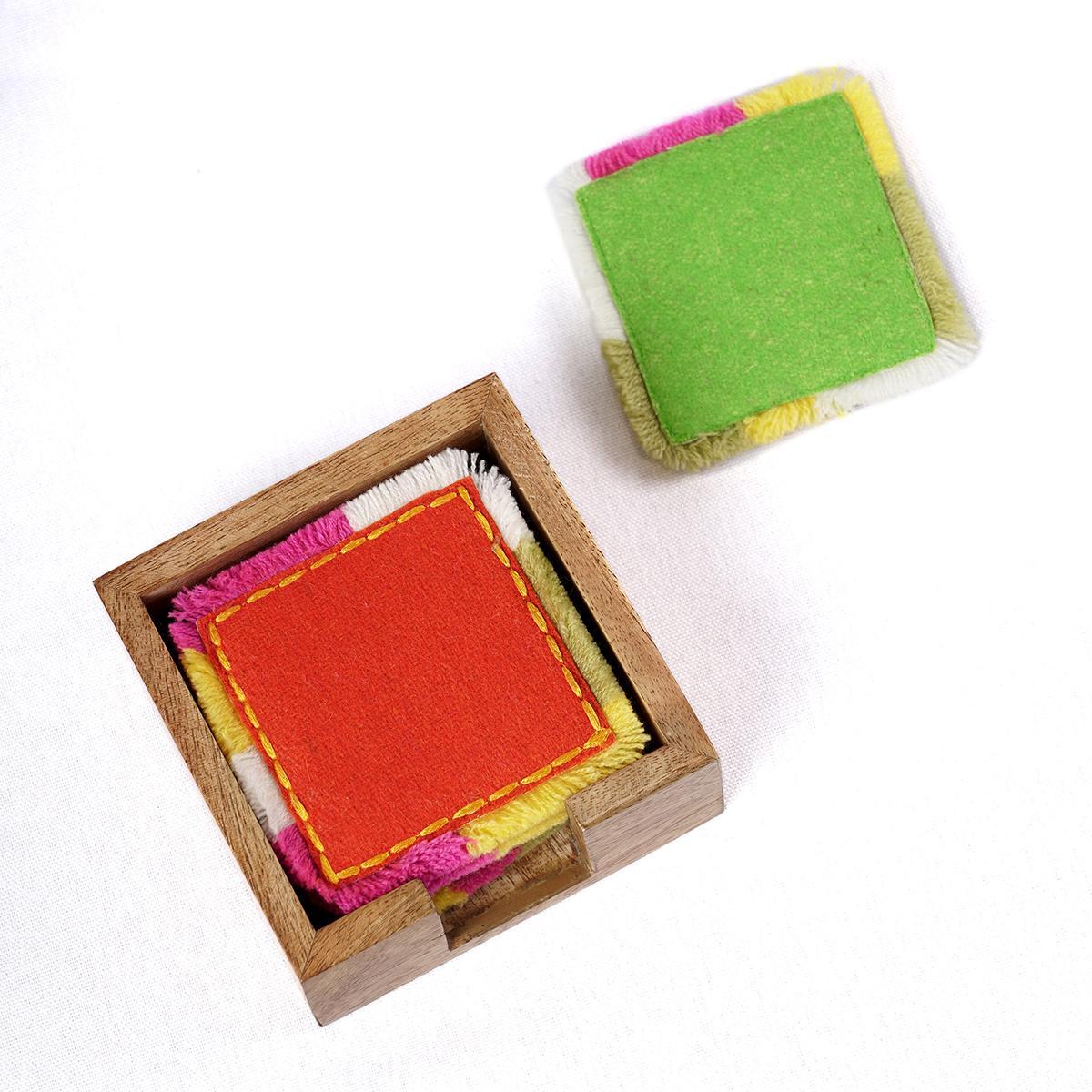 Pack of 6 Felt fringed boho reversible coasters with wooden coaster box