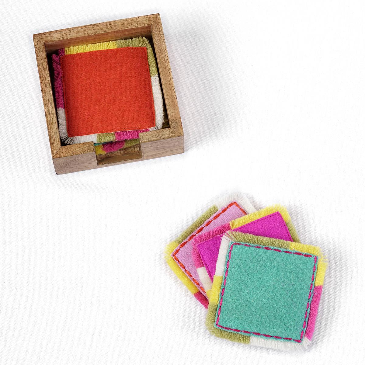 Pack of 6 Felt fringed boho reversible coasters with wooden coaster box