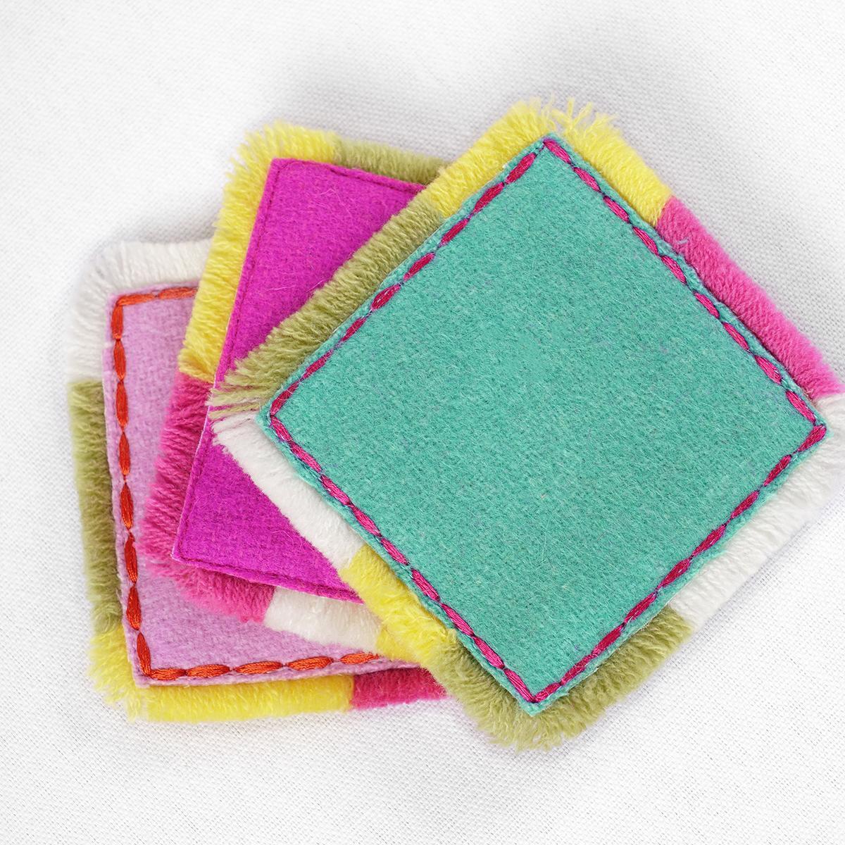 Pack of 6 Felt fringed boho reversible coasters with wooden coaster box