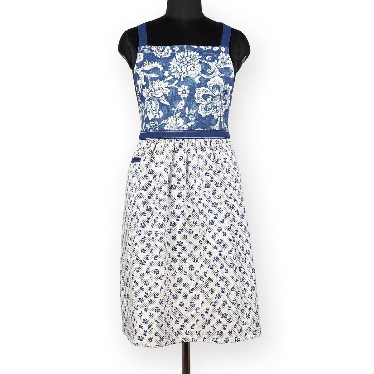 DOMINOTERIE - Indigo floral print apron, kitchen accessory, 100% cotton, size 27"X 35"