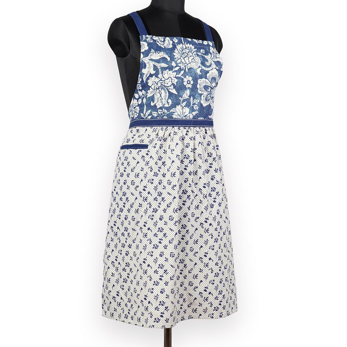 DOMINOTERIE - Indigo floral print apron, kitchen accessory, 100% cotton, size 27"X 35"