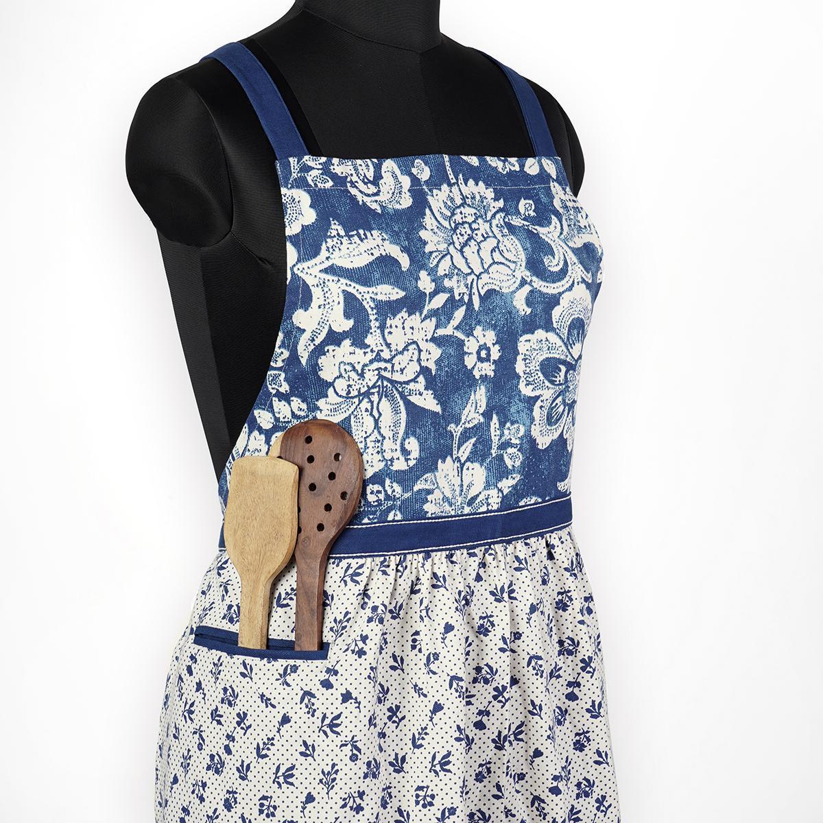 DOMINOTERIE - Indigo floral print apron, kitchen accessory, 100% cotton, size 27"X 35"