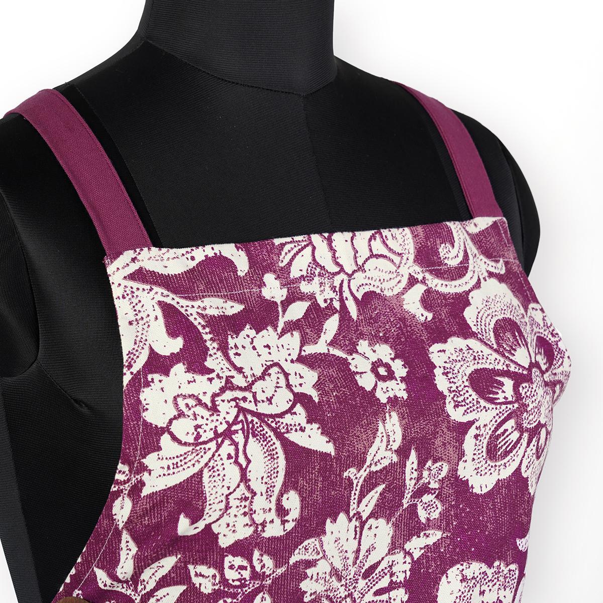 DOMINOTERIE - Plum floral print apron, kitchen accessory, 100% cotton, size 27"X 35"