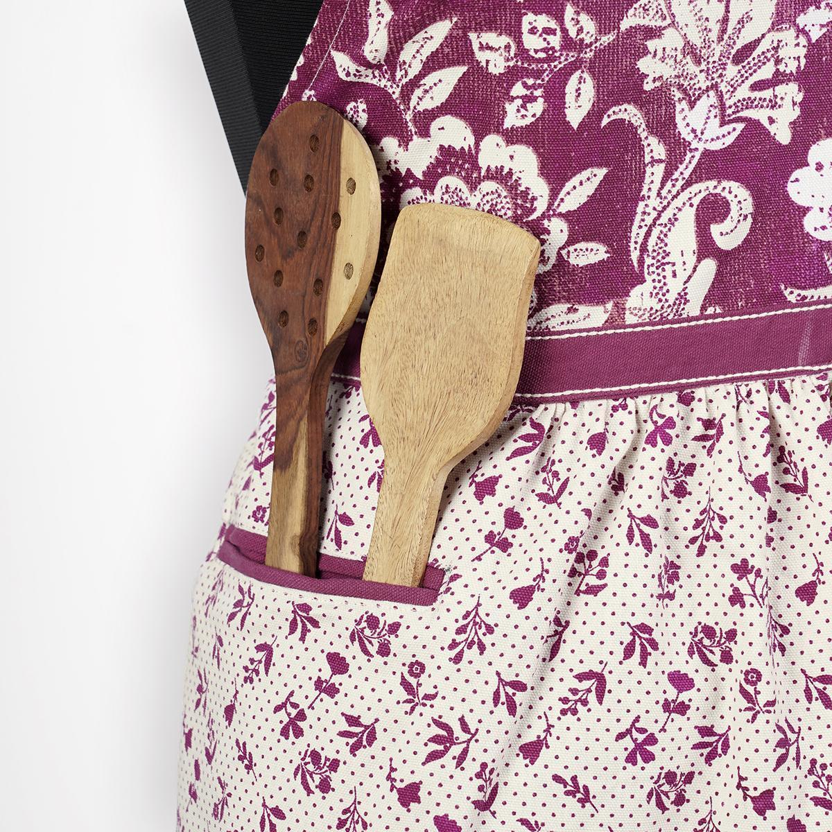 DOMINOTERIE - Plum floral print apron, kitchen accessory, 100% cotton, size 27"X 35"
