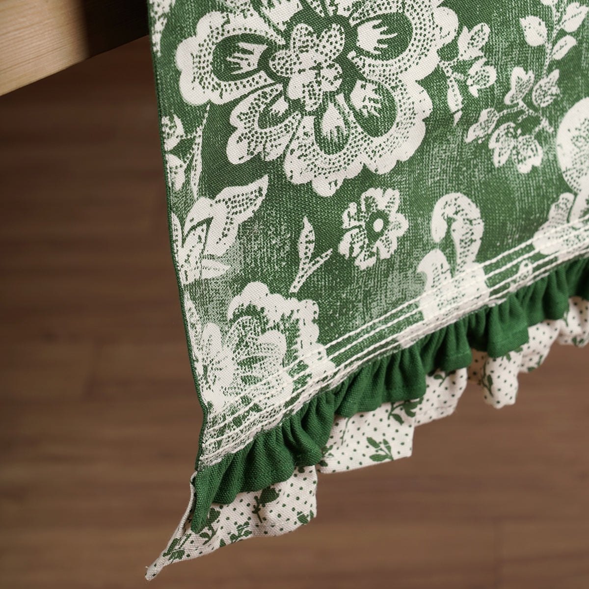 Green cotton table runner, bold floral block print with frill border, table decor, sizes available