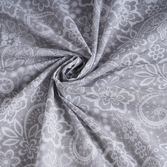 Grey lace pattern printed sheer fabric