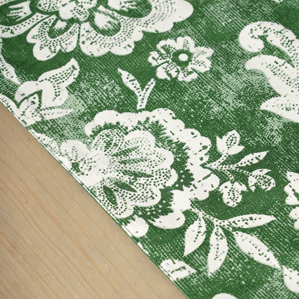 Green cotton table runner, bold floral block print with frill border, table decor, sizes available