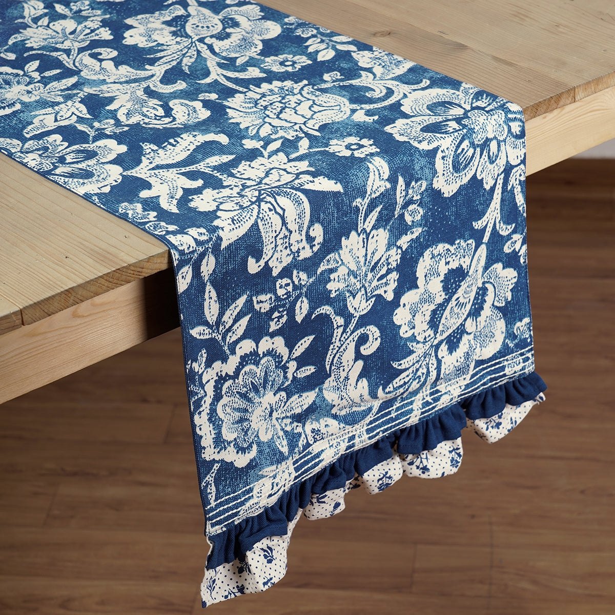 Indigo Blue cotton table runner, bold floral block print with frill border, table decor, sizes available