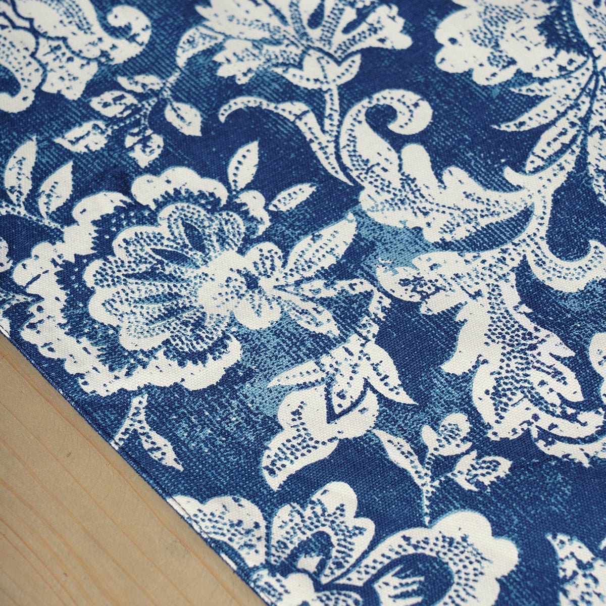 Indigo Blue cotton table runner, bold floral block print with frill border, table decor, sizes available