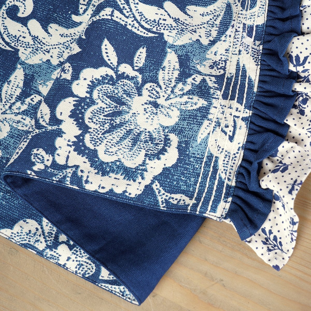 Indigo Blue cotton table runner, bold floral block print with frill border, table decor, sizes available