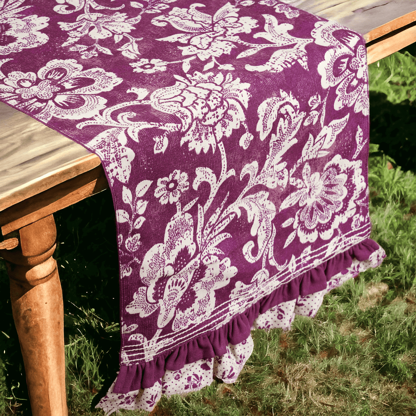 Maroon / Plum cotton table runner, bold floral block print with frill border, table decor, sizes available