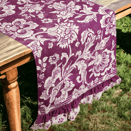 Maroon / Plum cotton table runner, bold floral block print with frill border, table decor, sizes available