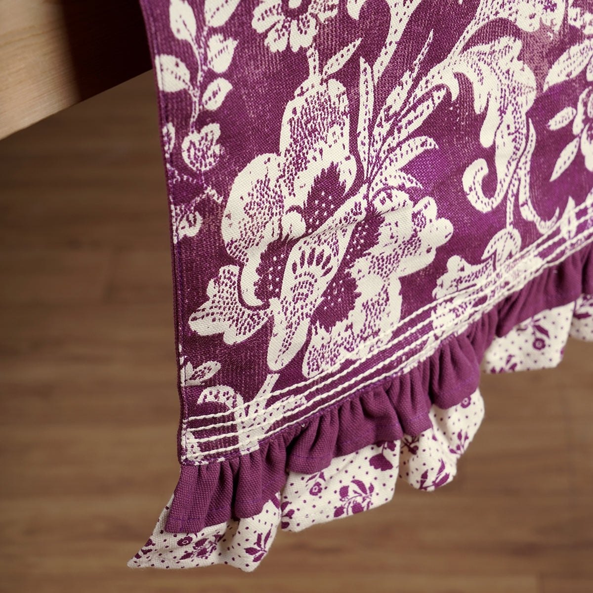 Maroon / Plum cotton table runner, bold floral block print with frill border, table decor, sizes available