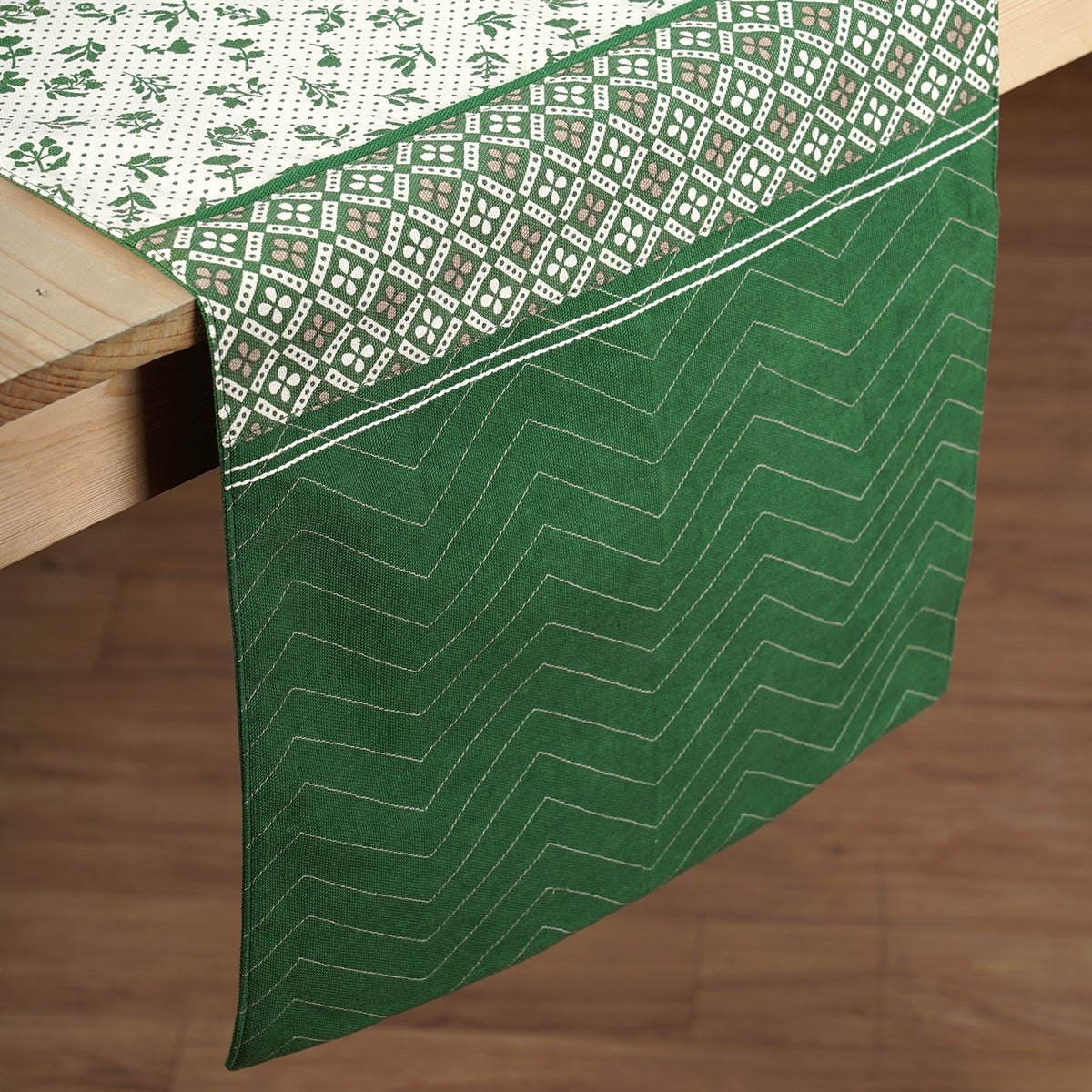 Green cotton table runner, geometrical and floral print with patchwork, table decor, sizes available