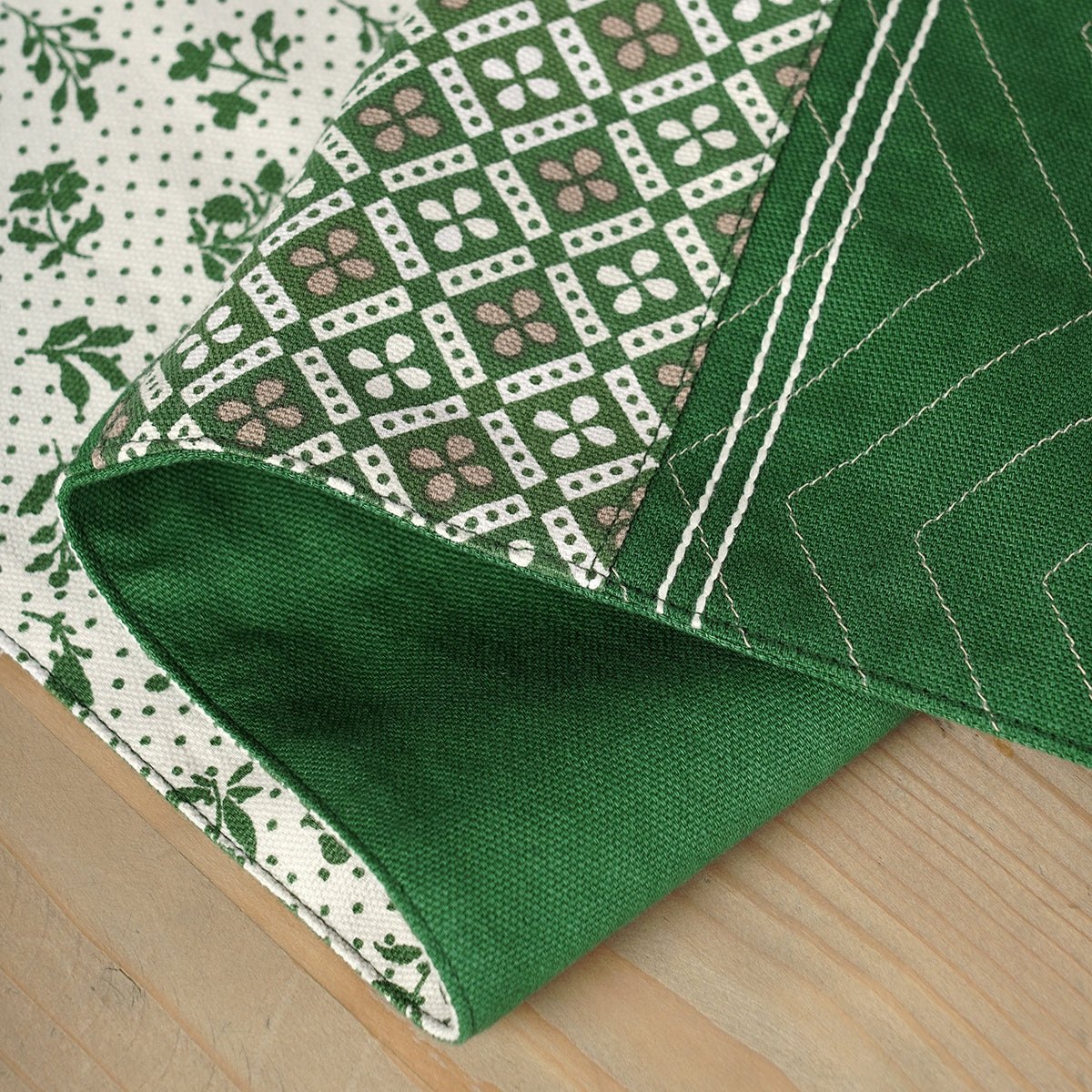 Green cotton table runner, geometrical and floral print with patchwork, table decor, sizes available