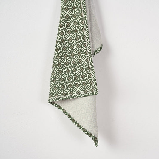 DOMINOTERIE Green Printed Kitchen Towel, geometrical pattern, 100% cotton, size 20"X28"