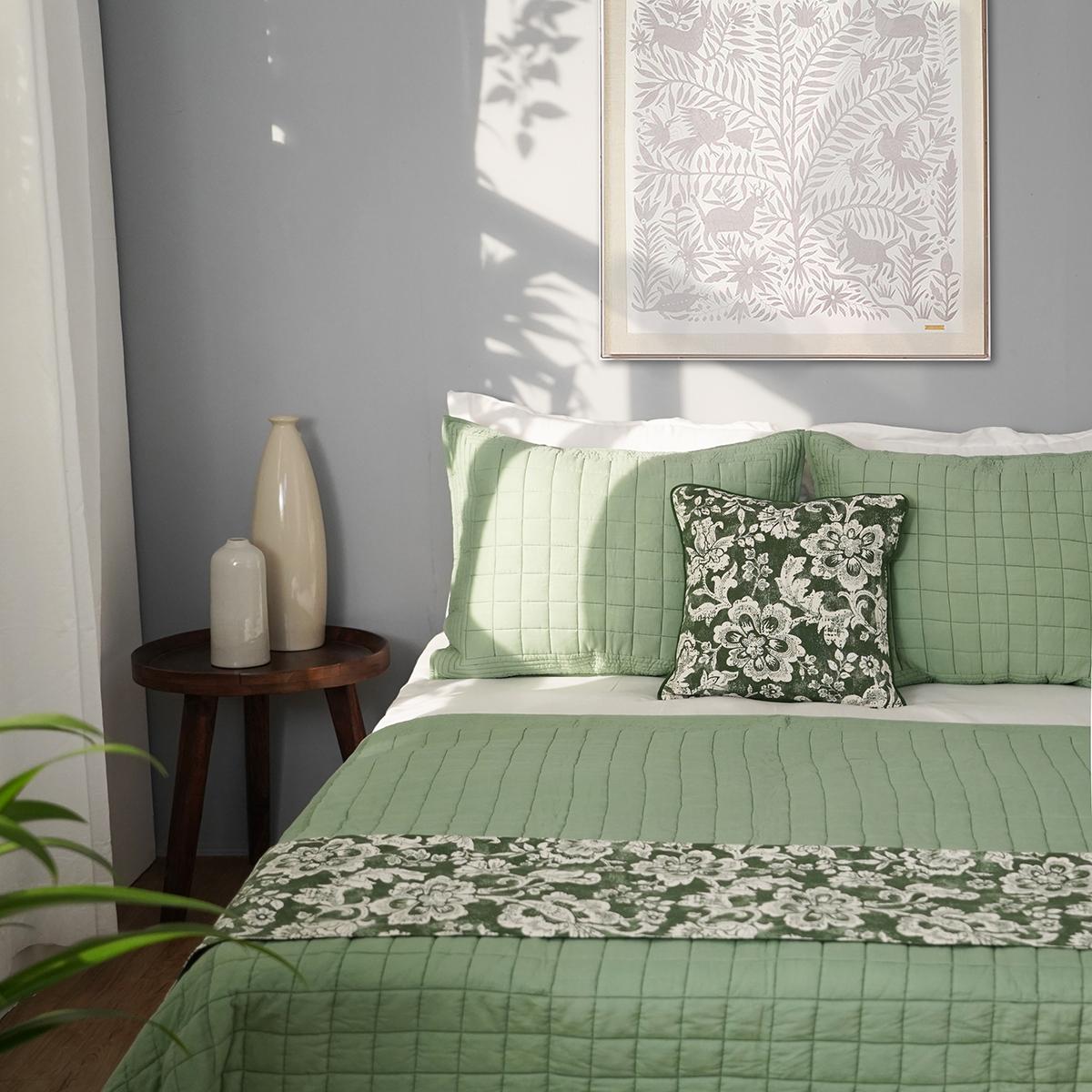 Green DOMINOTERIE bold floral print cotton pillow cover, sizes available