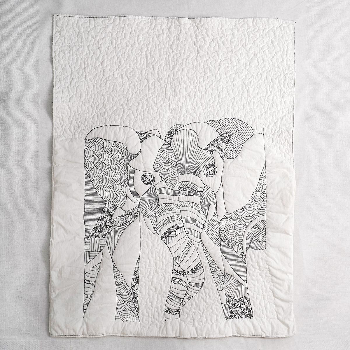 Quilted Textile WALL ART, Elephant doodle pattern, black and white, 20X26 inches