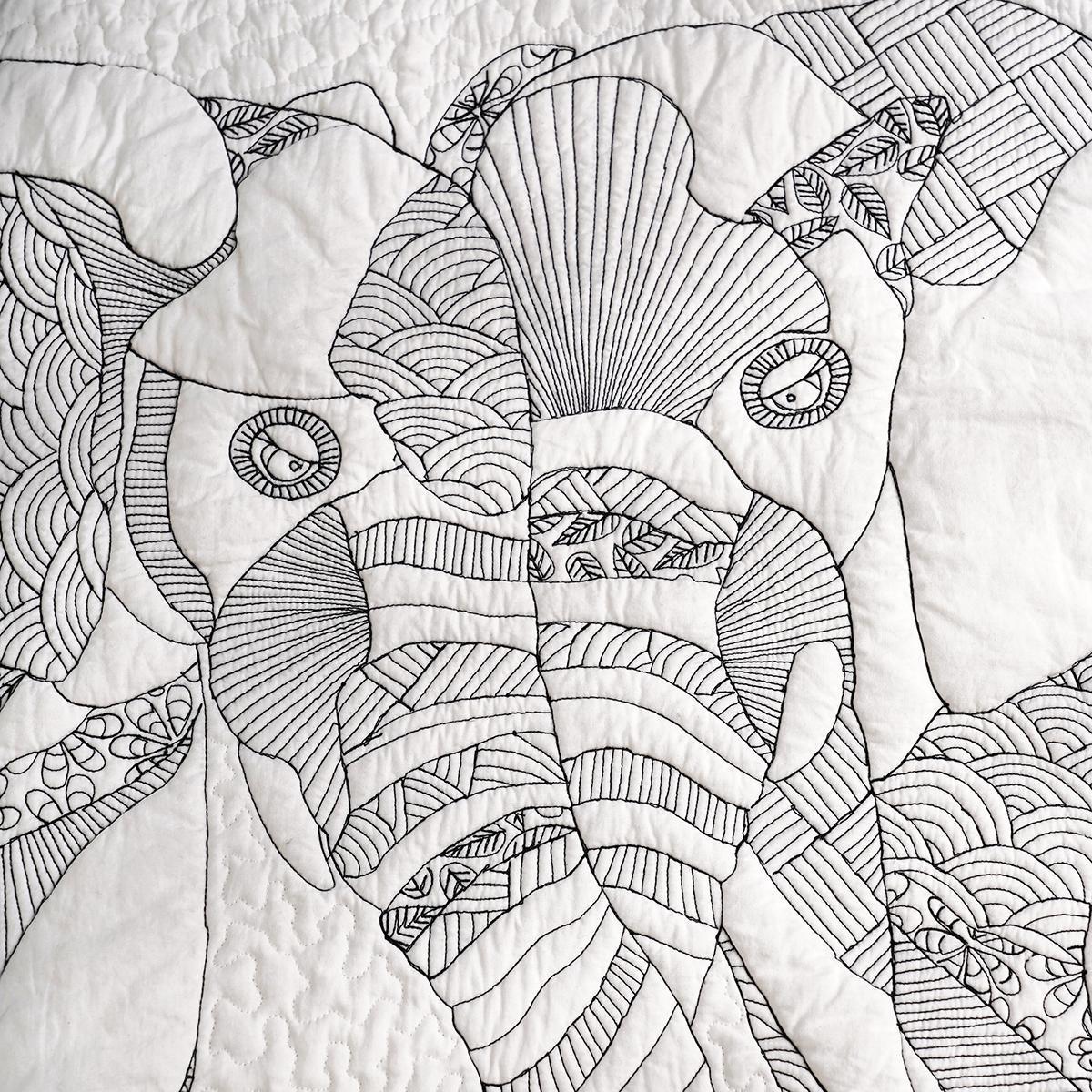 Quilted Textile WALL ART, Elephant doodle pattern, black and white, 20X26 inches