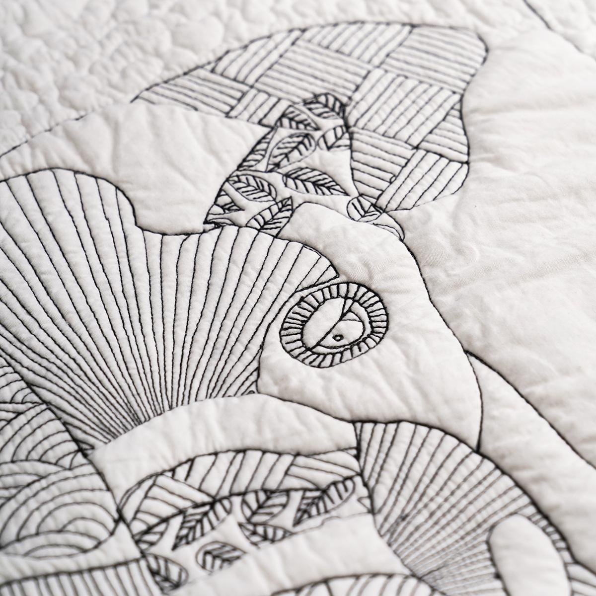 Quilted Textile WALL ART, Elephant doodle pattern, black and white, 20X26 inches
