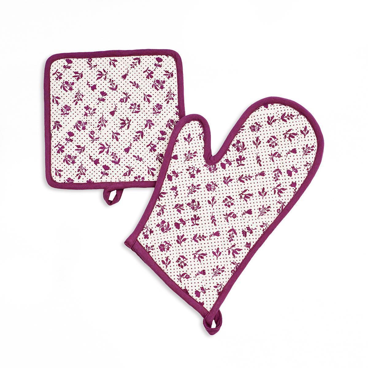 DOMINOTERIE Plum floral print Pot holder and Glove, kitchen accessory, 100% cotton, view options