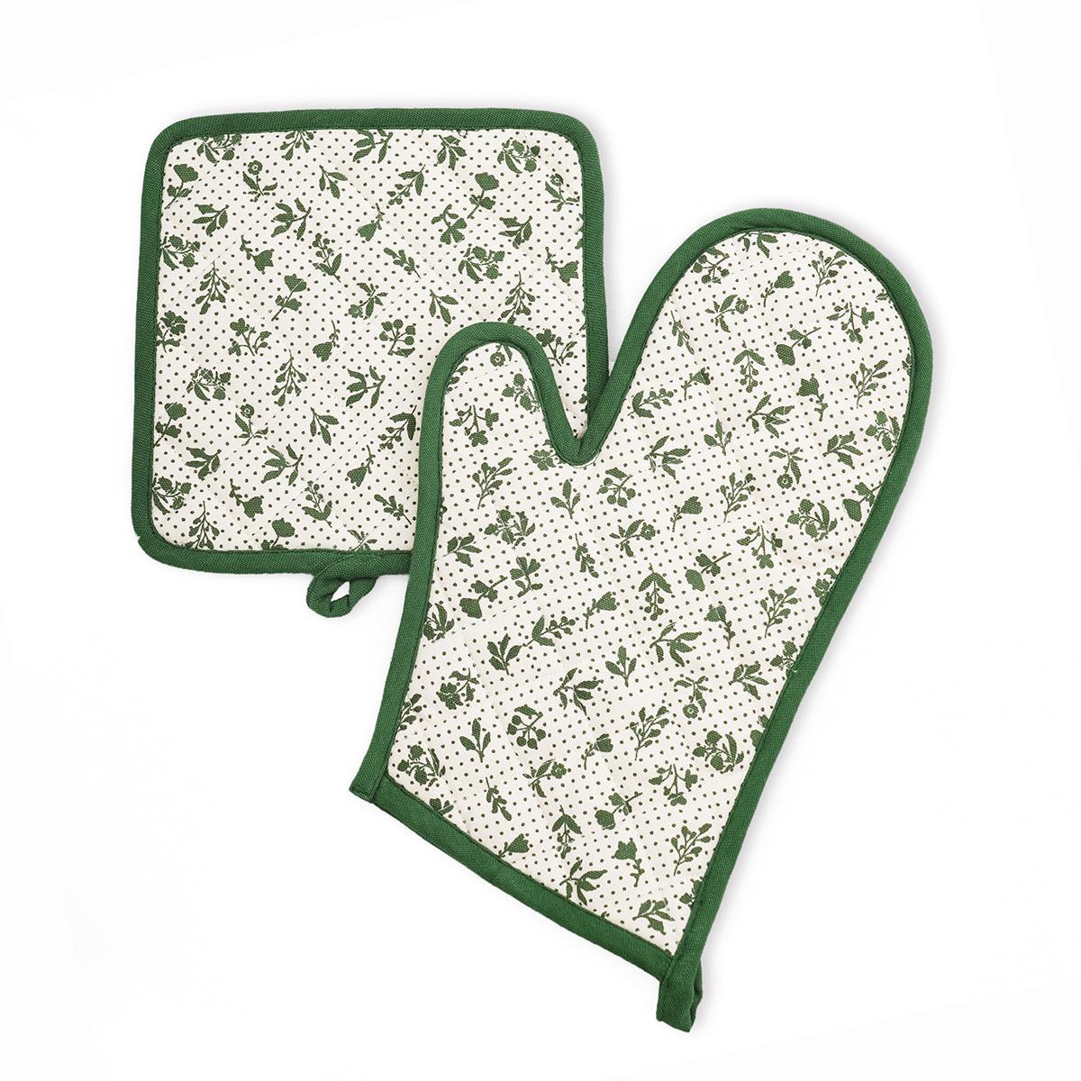DOMINOTERIE Green floral print Pot holder and Glove, kitchen accessory, 100% cotton, view options