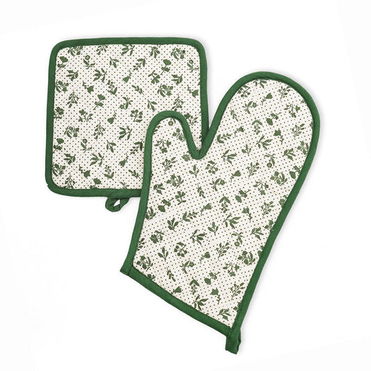 DOMINOTERIE Green floral print Pot holder and Glove, kitchen accessory, 100% cotton, view options