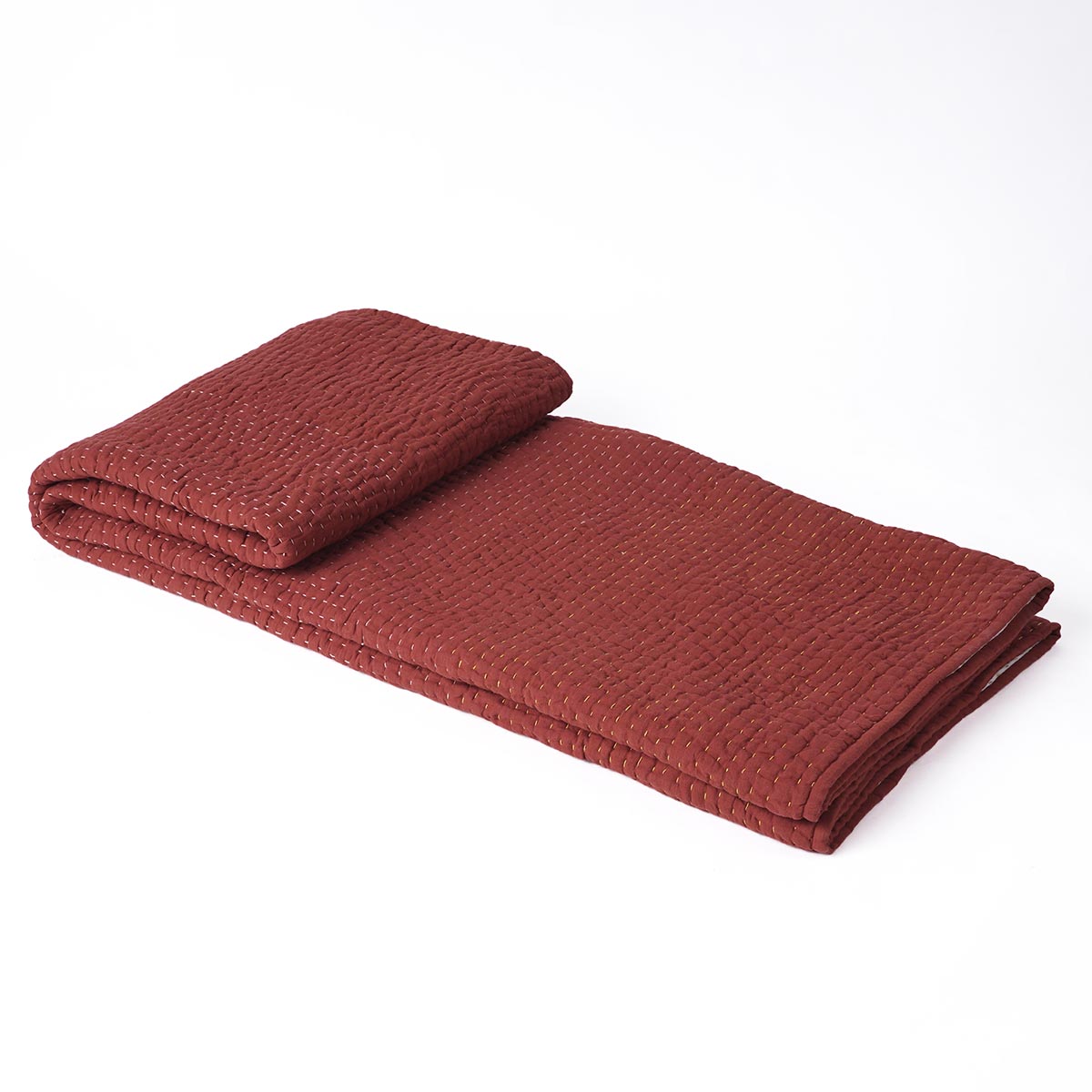 Terracotta colour muslin gauze hand quilted Throw blanket, simple stri