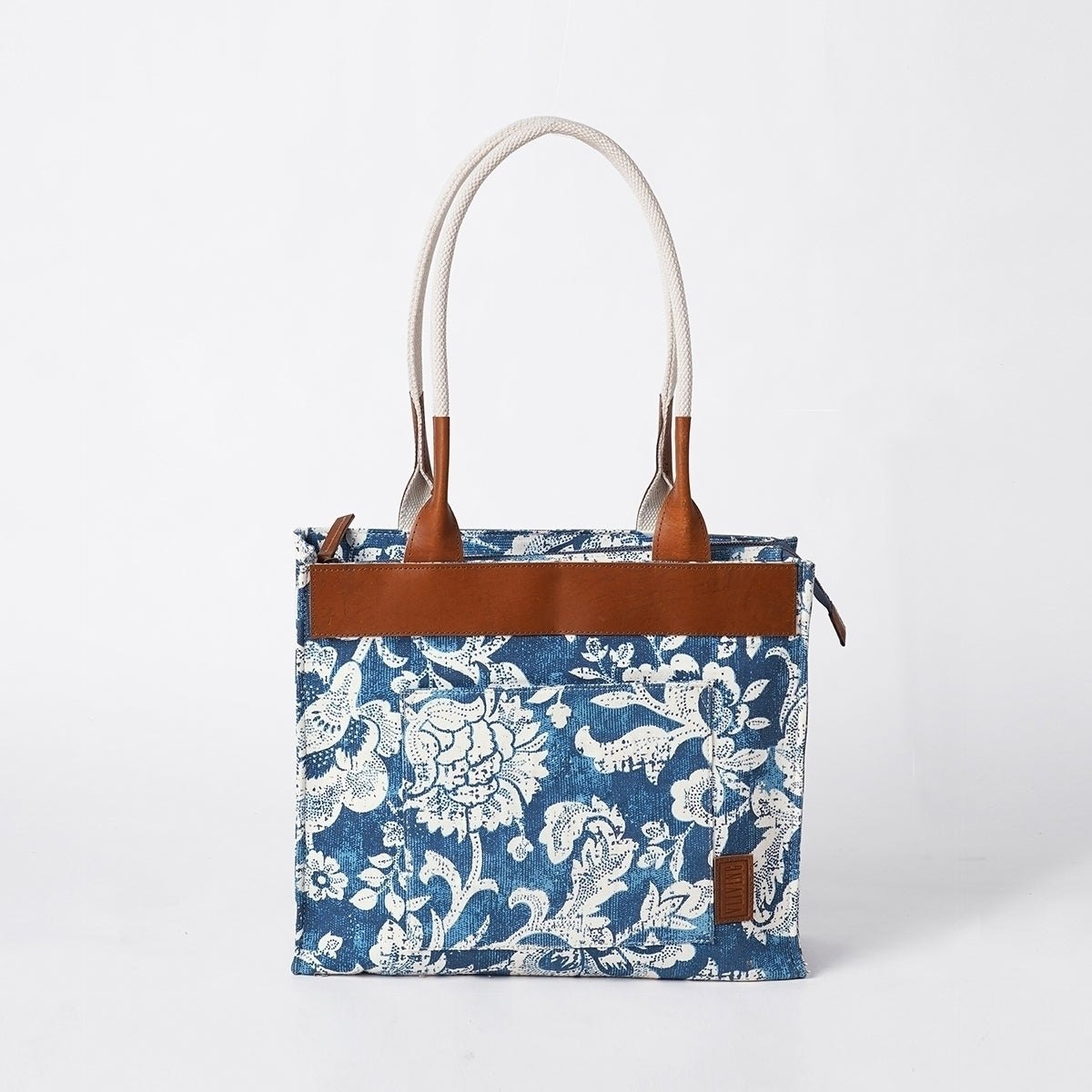 Indigo Dominoterie print cotton and leather tote bag, large tote, shoulder bag