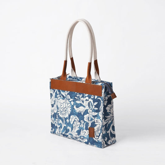 Indigo Dominoterie print cotton and leather tote bag, large tote, shoulder bag