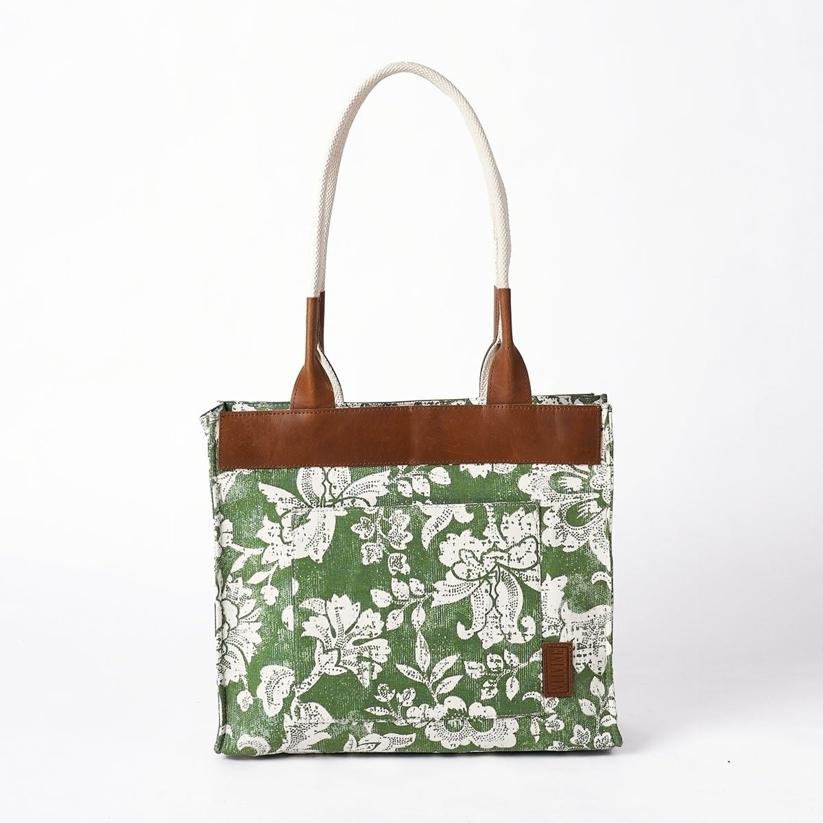 Green Dominoterie print cotton and leather tote bag, large tote, shoulder bag